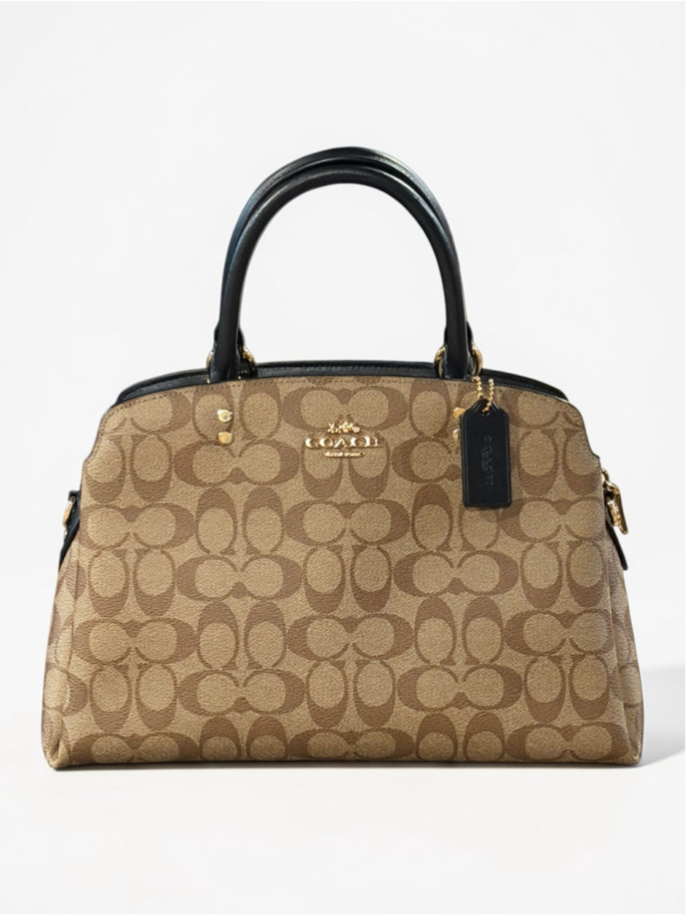 Coach Lillie Carryall Tan Black Signature Leather Gold Hardware - Picture 1 of 15